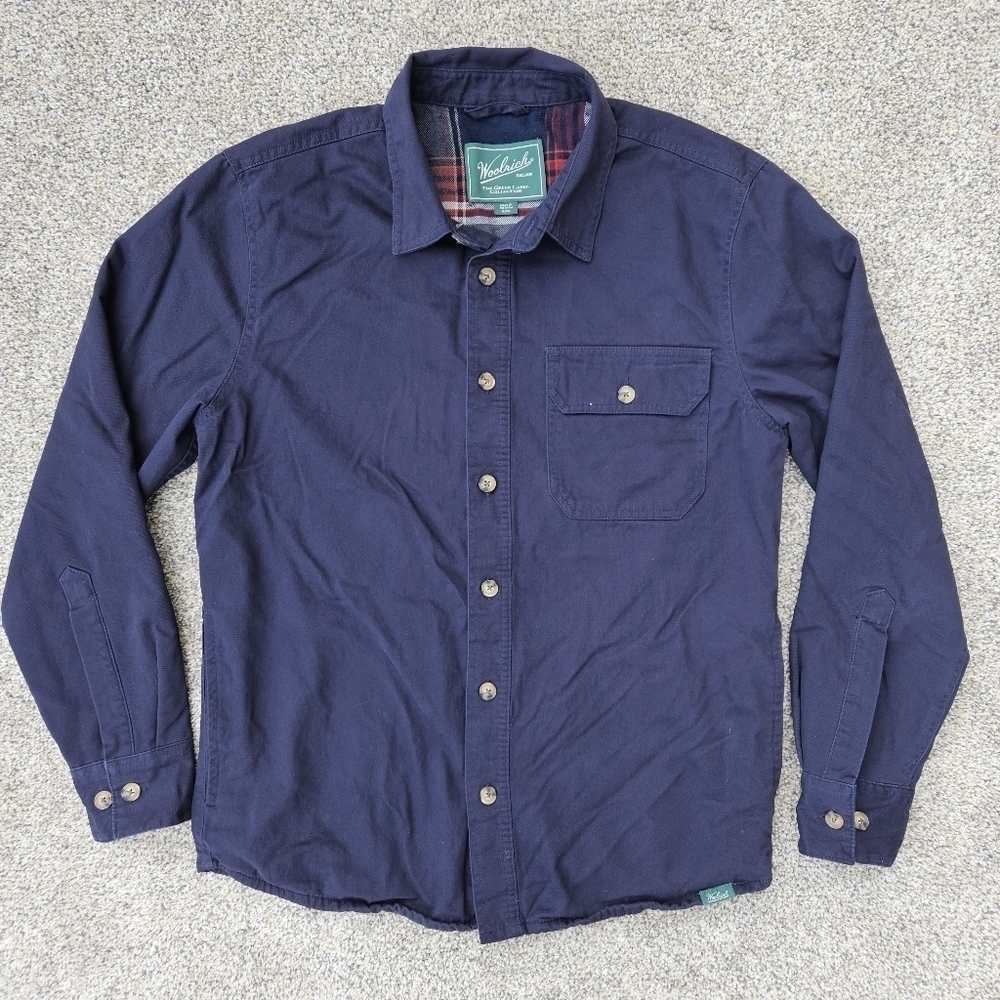 Woolrich Flannel Lined Shirt Jacket Blue Navy Button Up Mid Weight Mens Small